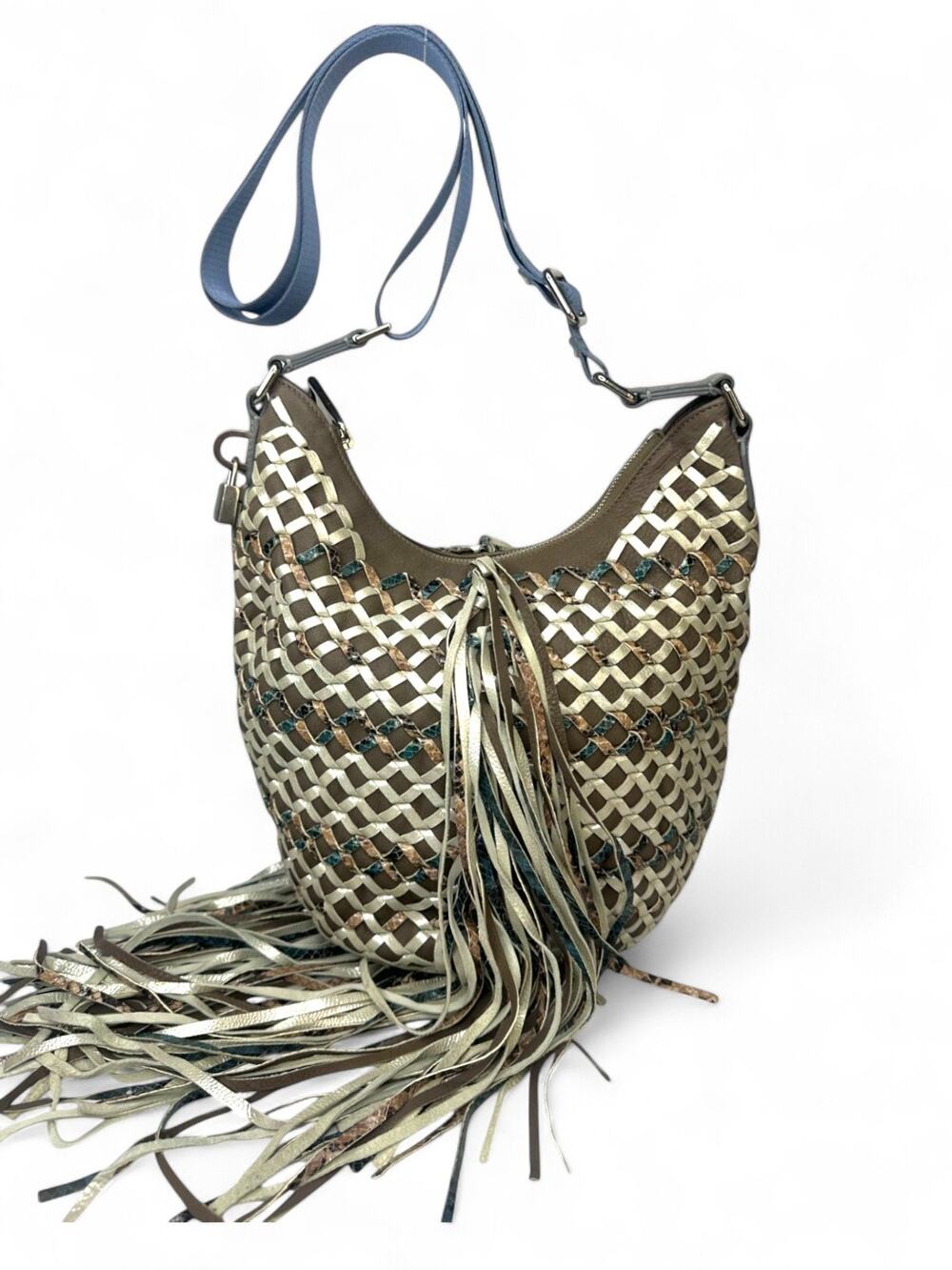 Vintage Marc Jacobs Woven Metallic Leather Fringe Boho Hobo Crossbody Bag